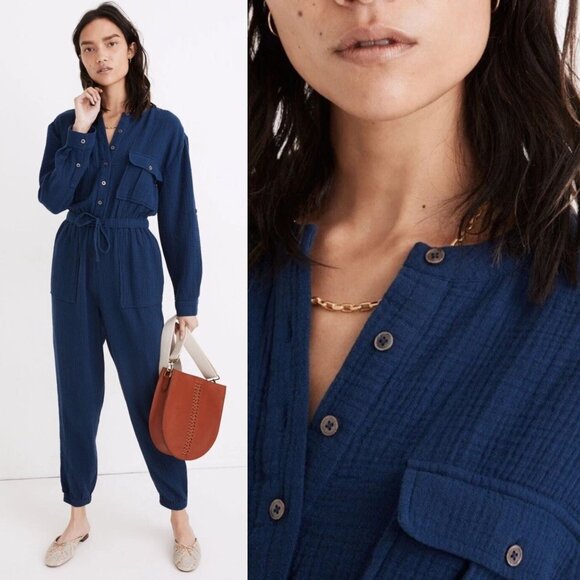 Madewell Coastal Blue Lightspun Tapered Leg Jumpsuit Size 14 - 41148 - Picture 1 of 16